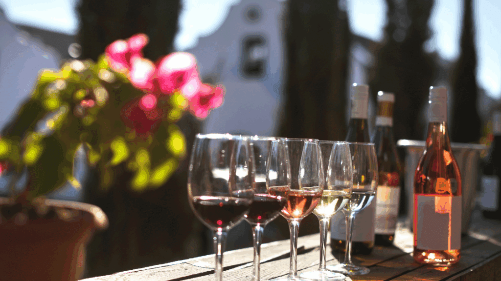 a line up of red, rose, and white wine glasses at Germany Wine Festivals