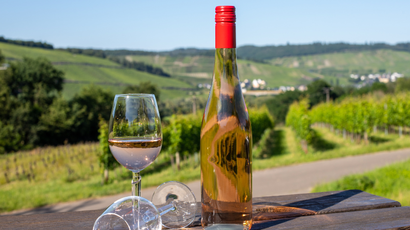 a bottle of Rose next to vineyards at a Germany wine festival