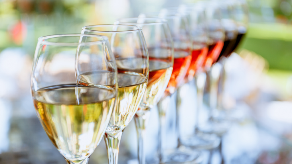 white wine, rose wine and red wine glasses lined up at a Germany wine tasting