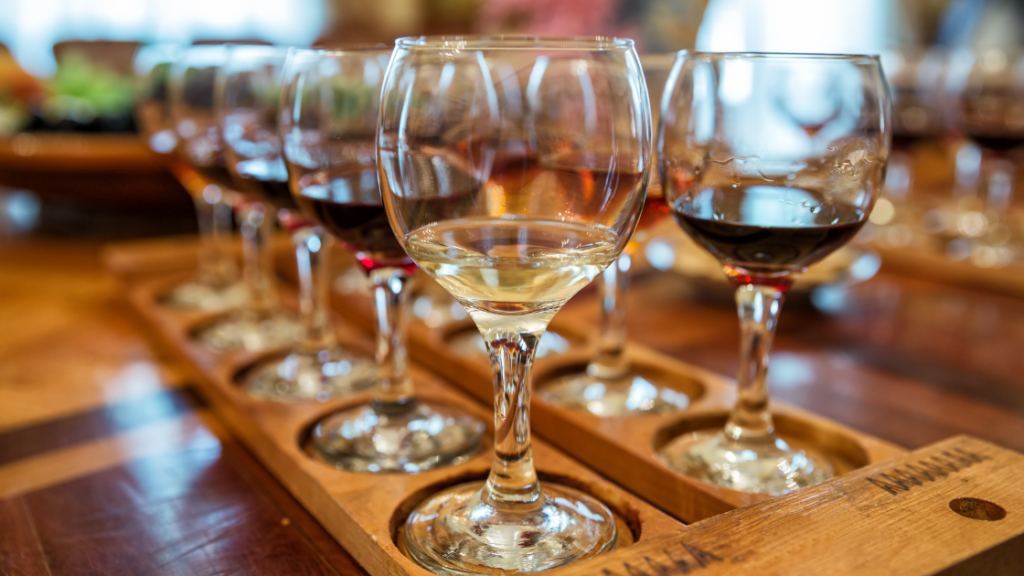 red wine glasses lined up at a Germany wine tasting