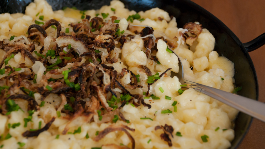 Käsespätzle served at a Besenwirtschaft in Germany