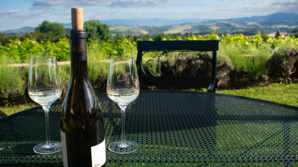 sitting outside with a bottle of white wine in France during a wine tourism trip